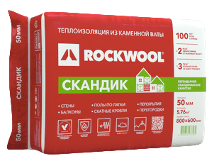 Утеплитель ROCKWOOL Скандик 800x600x50мм (5,76м2 / 0.288м3 / 12плит) 1698